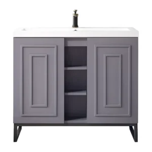 Alicante 39.5″ Single Vanity, Gray Smoke, Matte Black w/ White Glossy Composite Stone Top
