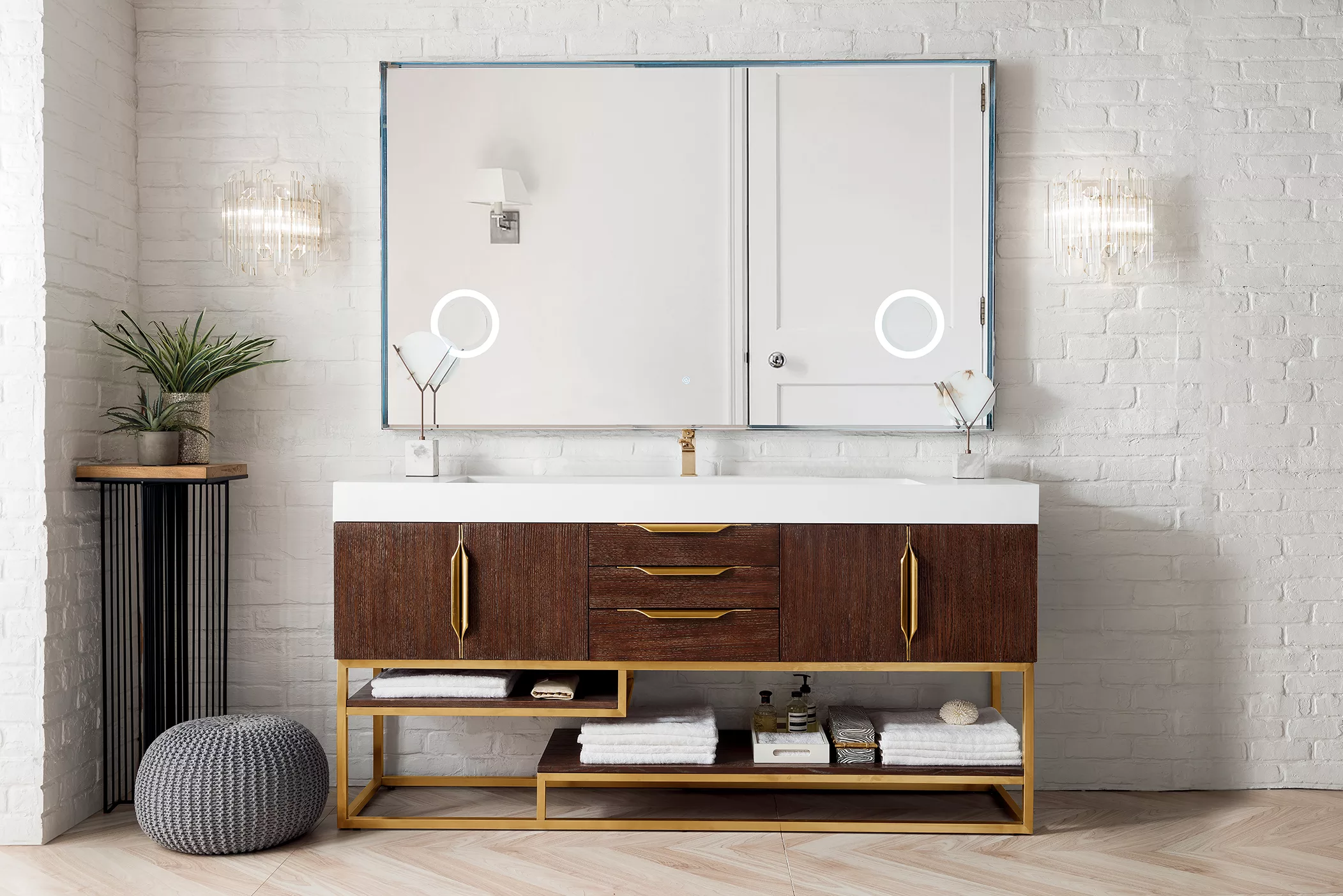 Columbia 72" Single Vanity, Coffee Oak, Radiant Gold w/ Glossy White Composite Stone Top - Image 2