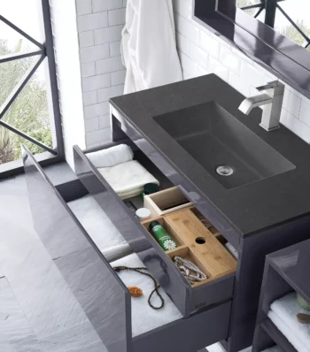 Milan 35.4" Single Vanity, Modern Gray Glossy w/ Charcoal Black Composite Stone Top - Image 4