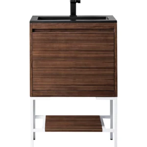 Milan 23.6″ Single Vanity, Mid-Century Walnut, Glossy White w/ Charcoal Black Composite Stone Top