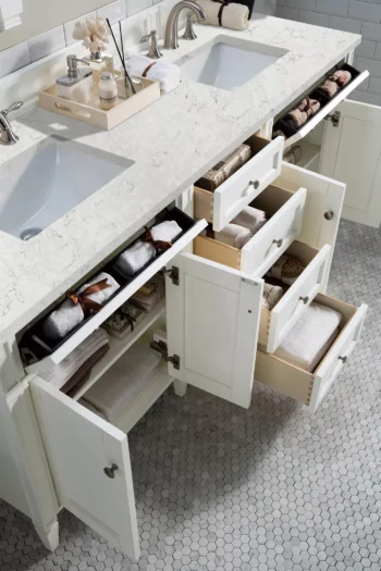 Brittany 72" Double Vanity, Bright White Vanity w/ 3 CM Eternal Jasmine Pearl Quartz Top - Image 4