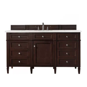 Brittany 60″ Single Vanity, Burnished Mahogany w/ 3 CM Eternal Jasmine Pearl Quartz Top