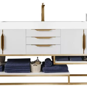 Columbia 72″ Single Vanity, Glossy White, Radiant Gold w/ Glossy White Composite Stone Top