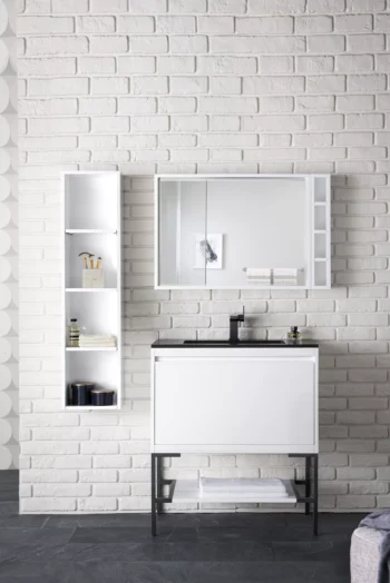 Mantova 31.5" Single Vanity, Glossy White, Matte Black Base w/ Charcoal Black Composite Stone Top - Image 2