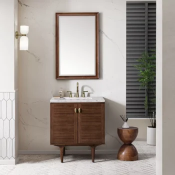 Amberly 30" Single Vanity, Mid-Century Walnut w/ 3 CM Eternal Jasmine Pearl Top - Image 3