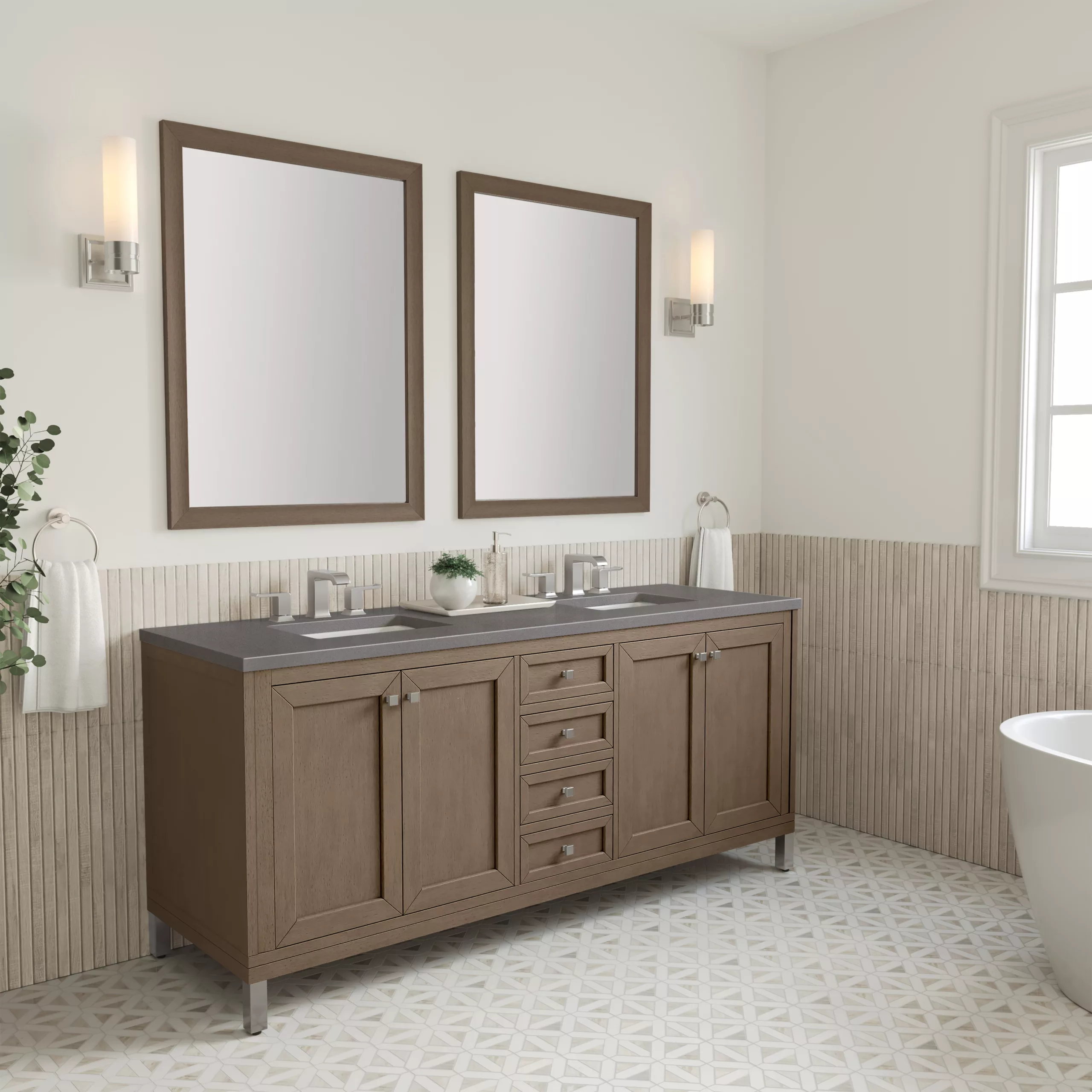 Chicago 72" Double Vanity, Whitewashed Walnut w/ 3 CM Grey Expo Quartz Top - Image 4