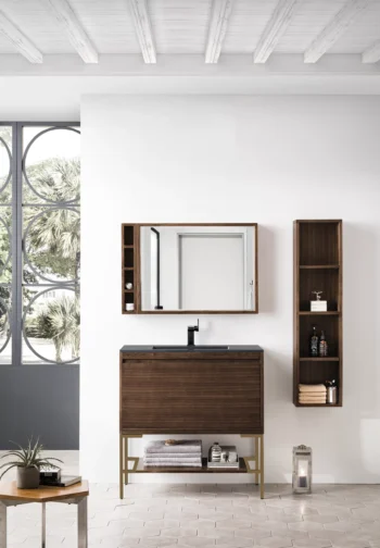 Milan 35.4" Single Vanity, Mid-Century Walnut, Radiant Gold w/ Charcoal Black Composite Stone Top - Image 2