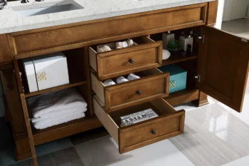 Brookfield 60" Double Vanity, Country Oak w/ 3 CM Eternal Jasmine Pearl Quartz Top - Image 4