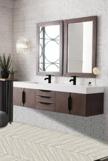 Mercer Island 72" Double Vanity, Coffee Oak, Matte Black w/ Glossy White Composite Stone Top - Image 3
