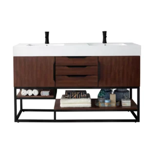 Columbia 59″ Double Vanity, Coffee Oak, Matte Black w/ Glossy White Composite Stone Top
