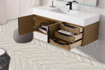 Mercer Island 48" Single Vanity, Latte Oak, Matte Black w/ Glossy White Composite Stone Top - Image 4
