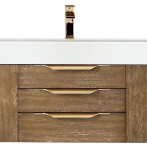 Mercer Island 72″ Single Vanity, Latte Oak, Radiant Gold w/ Glossy White Composite Stone Top
