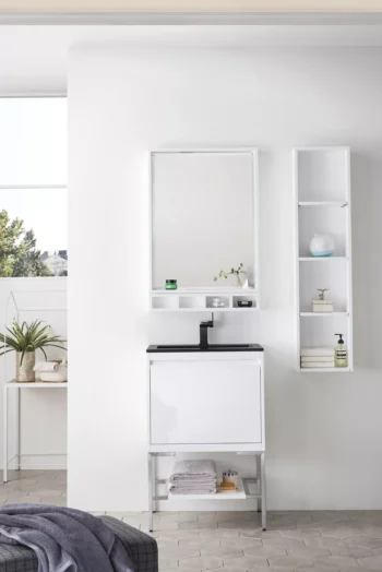 Mantova 23.6" Single Vanity, Glossy White, Brushed Nickel Base w/ Charcoal Black Composite Stone Top - Image 2