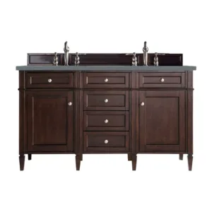 Brittany 60″ Double Vanity, Burnished Mahogany w/ 3 CM Cala Blue Top
