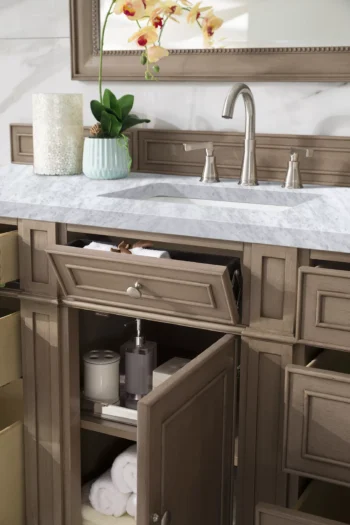 Bristol 60" Single Vanity, Whitewashed Walnut w/ 3 CM Carrara Marble Top - Image 4