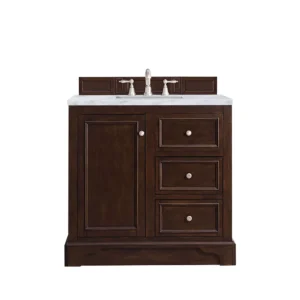 De Soto 36″ Single Vanity, Burnished Mahogany w/ 3 CM Carrara Marble Top