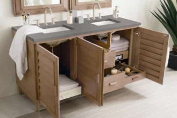 Portland 60" Double Vanity Whitewashed Walnut w/ 3 CM Grey Expo Quartz Top - Image 4