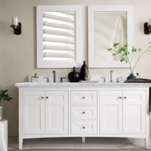 Palisades 72″ Double Vanity, Bright White w/ 3 CM Carrara Marble Top