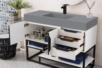 Columbia 48" Single Vanity, Glossy White, Matte Black w/ Dusk Grey Glossy Composite Stone Top - Image 4