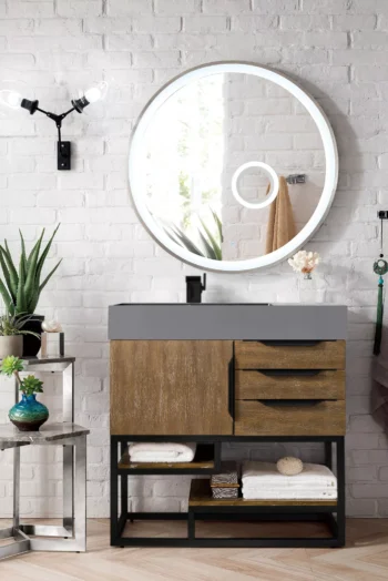 Columbia 36" Single Vanity, Latte Oak, Matte Black w/ Dusk Grey Glossy Composite Stone Top - Image 2