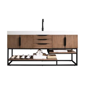 Columbia 72″ Single Vanity, Latte Oak, Matte Black w/ Glossy White Composite Stone Top