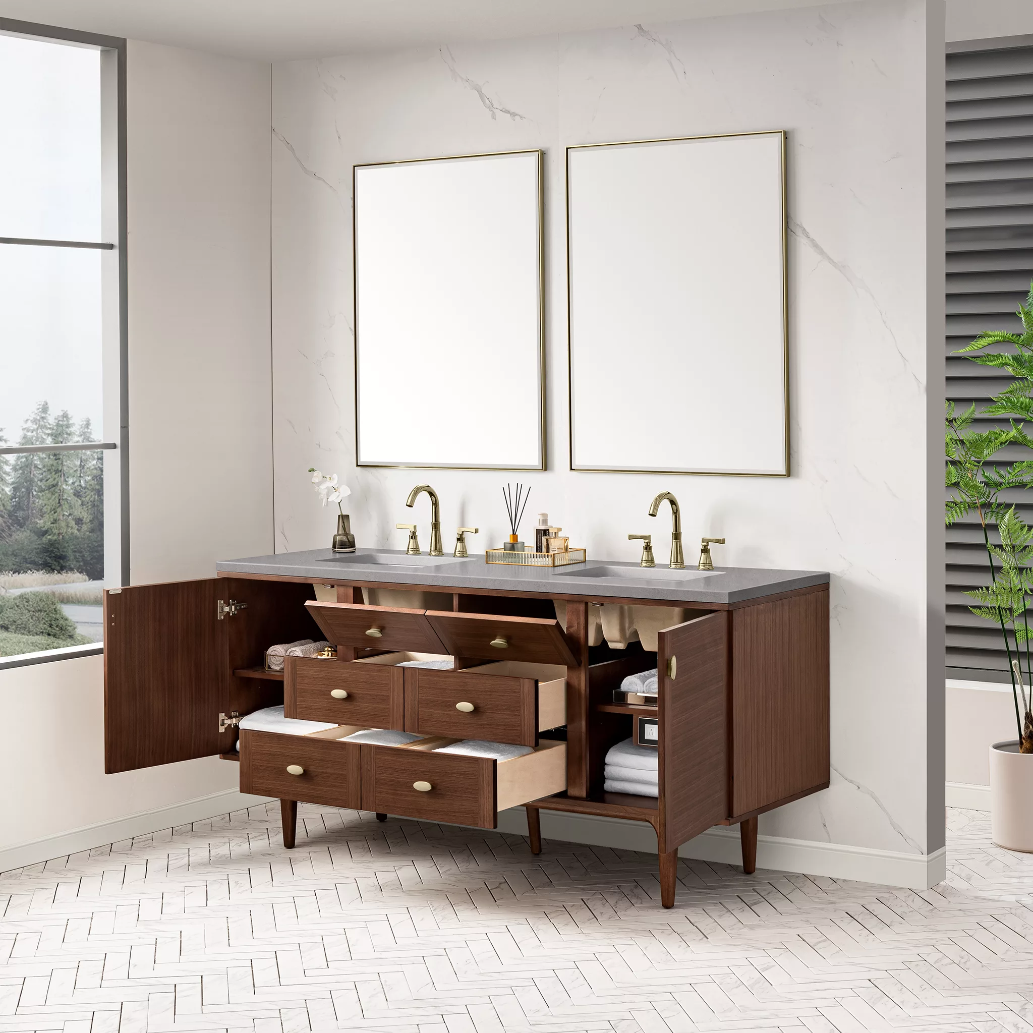 Amberly 72" Double Vanity, Mid-Century Walnut w/ 3 CM Eternal Serena Top - Image 7