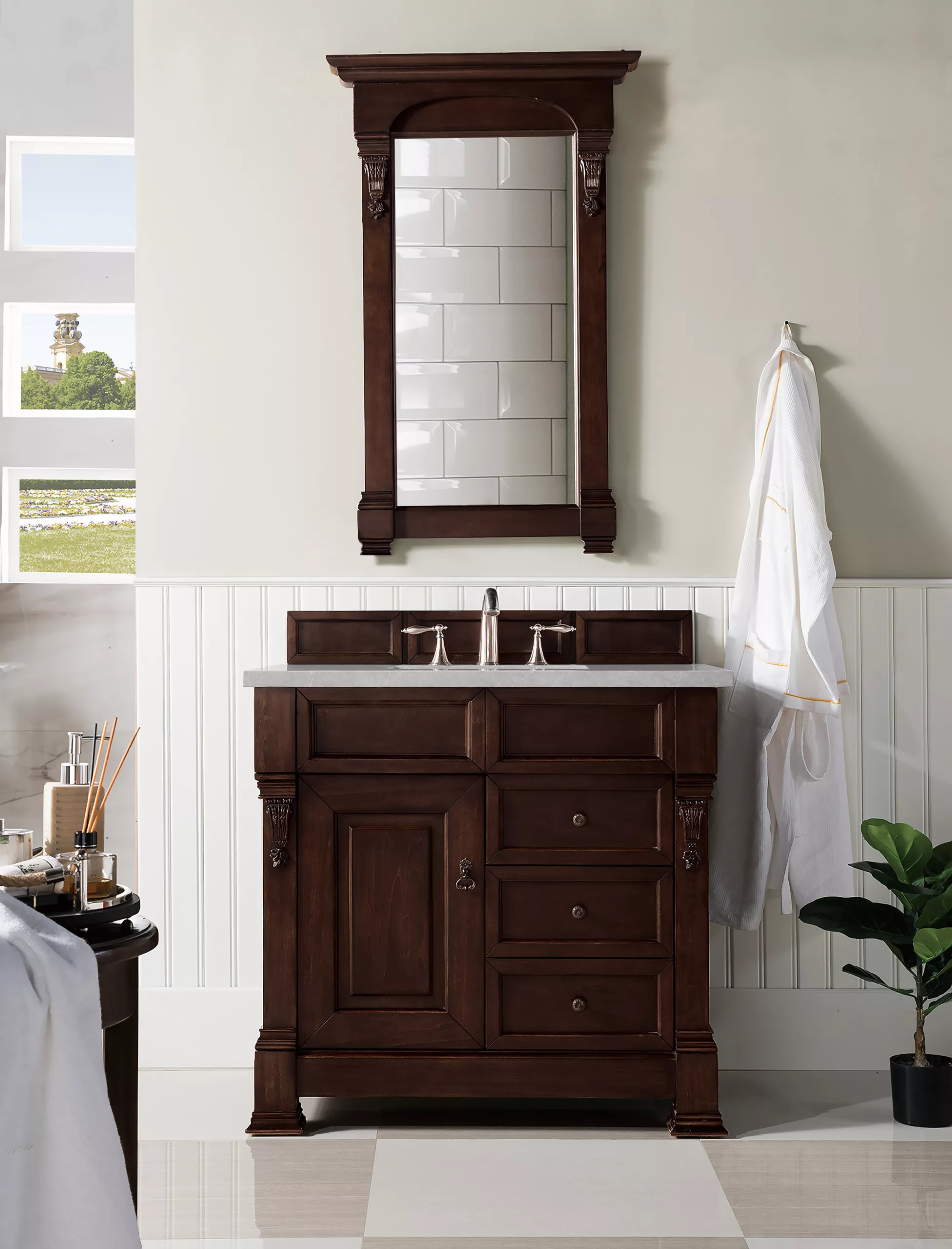 Brookfield 36" Single Vanity, Burnished Mahogany w/ 3 CM Eternal Serena Quartz Top - Image 2