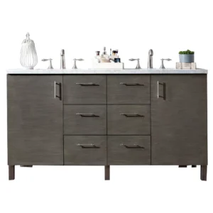 Metropolitan 60″ Double Vanity, Silver Oak w/ 3 CM Arctic Fall Solid Surface Top