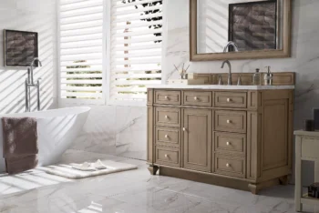 Bristol 48" Single Vanity, Whitewashed Walnut w/ 3 CM Arctic Fall Solid Surface Top - Image 3