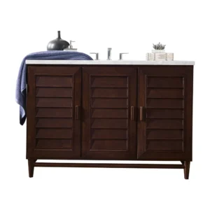 Portland 48″ Single Vanity, Burnished Mahogany w/ 3 CM Eternal Jasmine Pearl Quartz Top