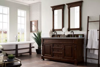 Brookfield 60" Double Vanity, Burnished Mahogany w/ 3 CM Grey Expo Quartz Top - Image 3