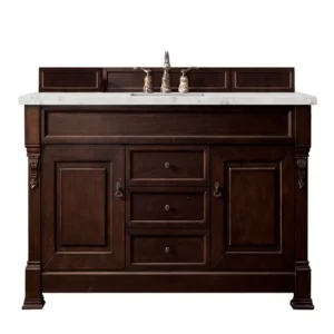 Brookfield 60″ Single Vanity, Burnished Mahogany w/ 3 CM Eternal Jasmine Pearl Quartz Top