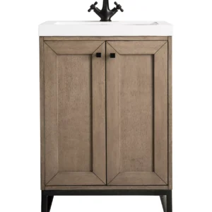 Chianti 24″ Single Vanity, Whitewashed Walnut, Matte Black, w/ White Glossy Composite Stone Top