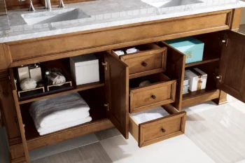 Brookfield 72" Double Vanity, Country Oak w/ 3 CM Carrara Marble Top - Image 4