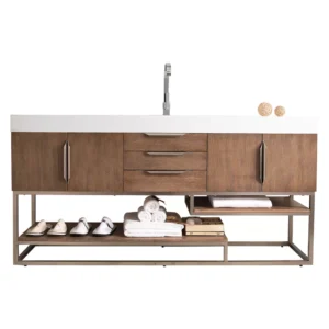 Columbia 72″ Single Vanity, Latte Oak w/ Glossy White Composite Stone Top