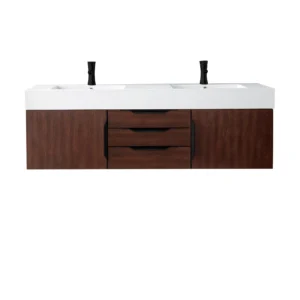 Mercer Island 59″ Double Vanity, Coffee Oak, Matte Black w/ Glossy White Composite Stone Top