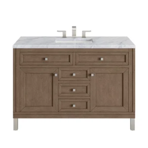 Chicago 48″ Single Vanity, Whitewashed Walnut  w/ 3 CM Carrara Marble Top