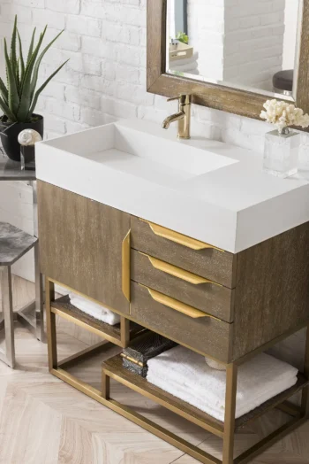 Columbia 36" Single Vanity, Latte Oak, Radiant Gold w/ Glossy White Composite Stone Top - Image 4