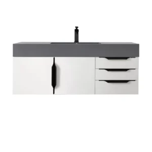 Mercer Island 48″ Single Vanity, Glossy White, Matte Black w/ Dusk Grey Glossy Composite Stone Top