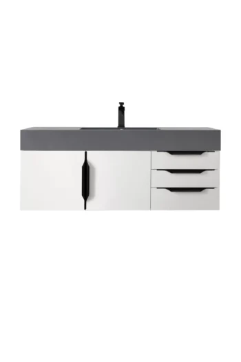 Mercer Island 48" Single Vanity, Glossy White, Matte Black w/ Dusk Grey Glossy Composite Stone Top