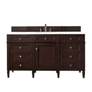 Brittany 60″ Single Vanity, Burnished Mahogany w/ 3 CM White Zeus Quartz Top
