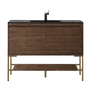 Milan 47.3″ Single Vanity, Mid-Century Walnut, Radiant Gold w/ Charcoal Black Composite Stone Top