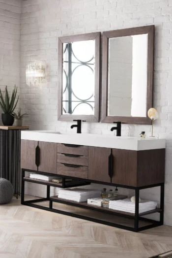 Columbia 72" Double Vanity, Coffee Oak, Matte Black w/ Glossy White Composite Stone Top - Image 3