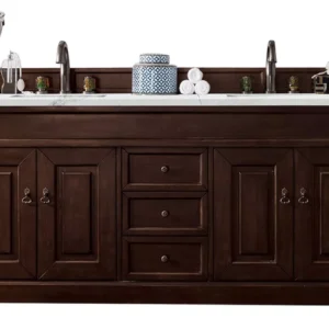 Brookfield 72″ Double Vanity, Burnished Mahogany w/ 3 CM Ethereal Noctis Quartz Top