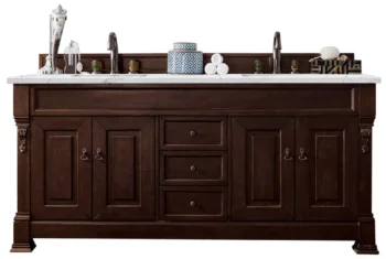 Brookfield 72" Double Vanity, Burnished Mahogany w/ 3 CM Ethereal Noctis Quartz Top