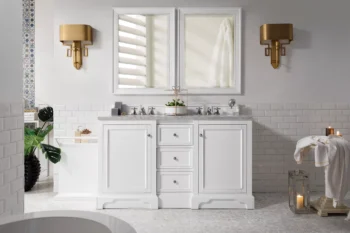 De Soto 60" Double Vanity, Bright White w/ 3 CM Carrara Marble Top - Image 2