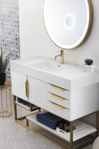 Columbia 48" Single Vanity, Glossy White, Radiant Gold w/ Glossy White Composite Stone Top - Image 4