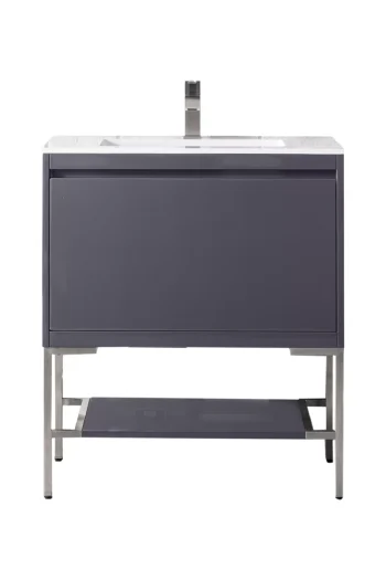Milan 31.5" Single Vanity, Modern Gray Glossy, Brushed Nickel w/ Glossy White Composite Stone Top