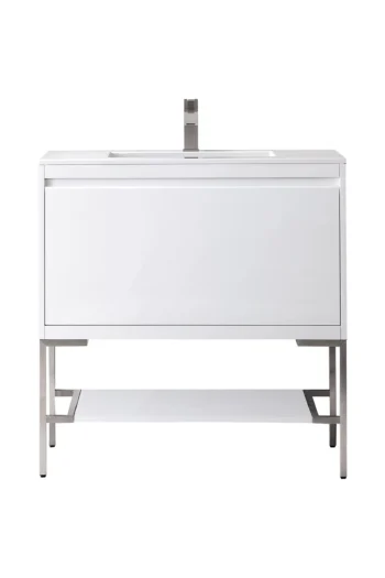 Milan 35.4" Single Vanity, Glossy White, Brushed Nickel w/ Glossy White Composite Stone Top