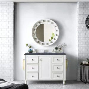 Copper Cove Encore 48″ Single Vanity, Bright White w/ 3 CM Charcoal Soapstone Quartz Top